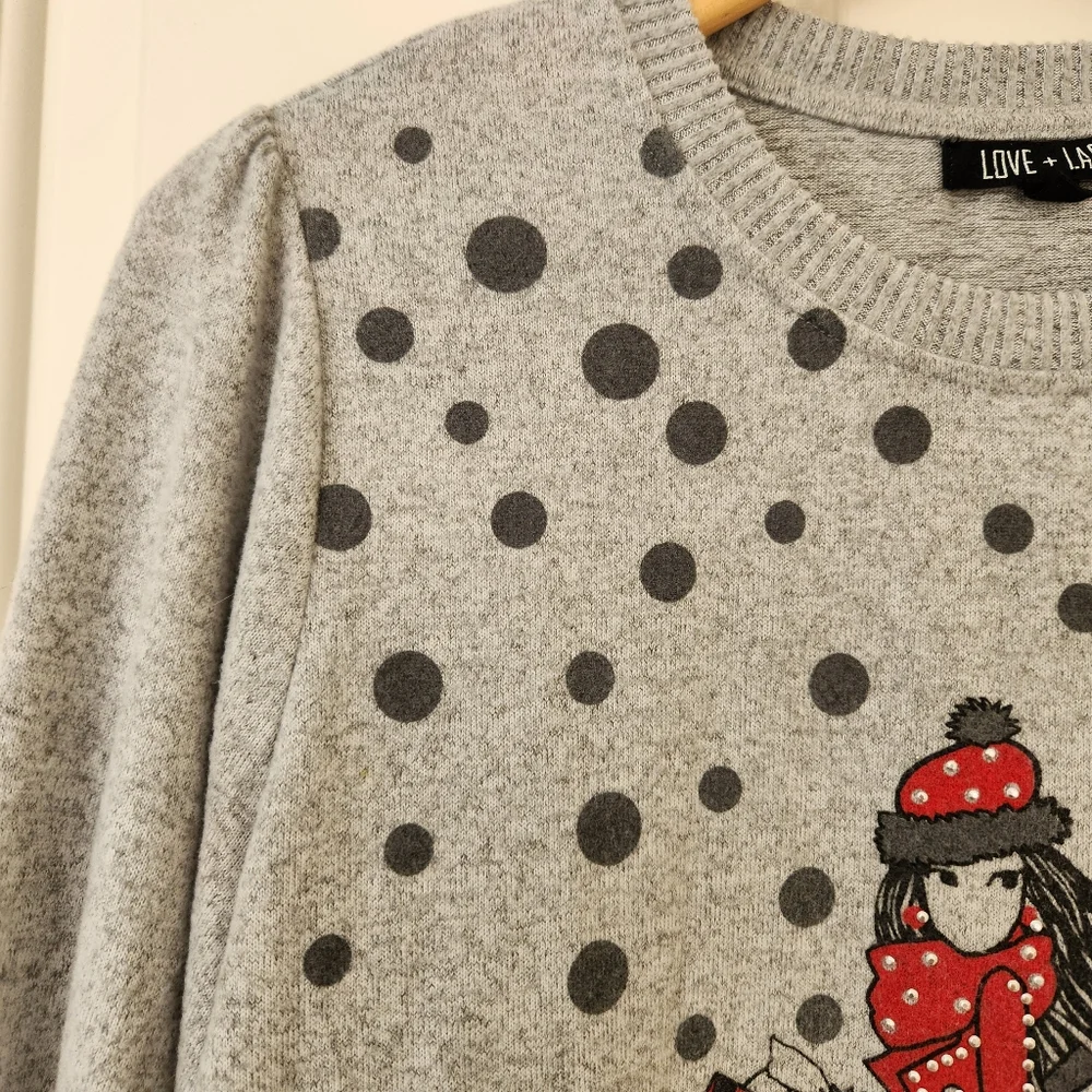 Holiday Sweater Girl & Dog Polka Dots Gray Studs Studded Whimsical Glam - Picture 4 of 16